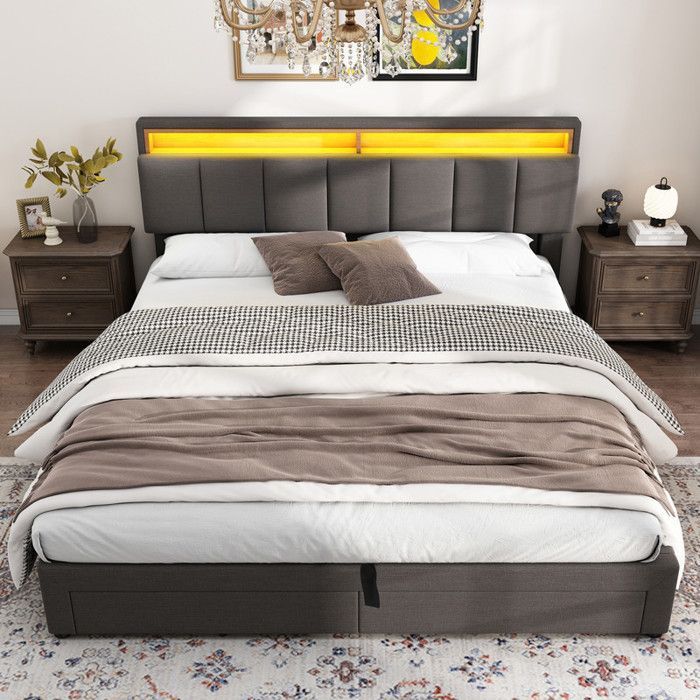 Letto contenitore 160 x 200 cm, letto matrimoniale con contenitore, contenitore nella testiera imbottita, letto 160x100 cm con rete a doghe, letto per adulti, lino grigio