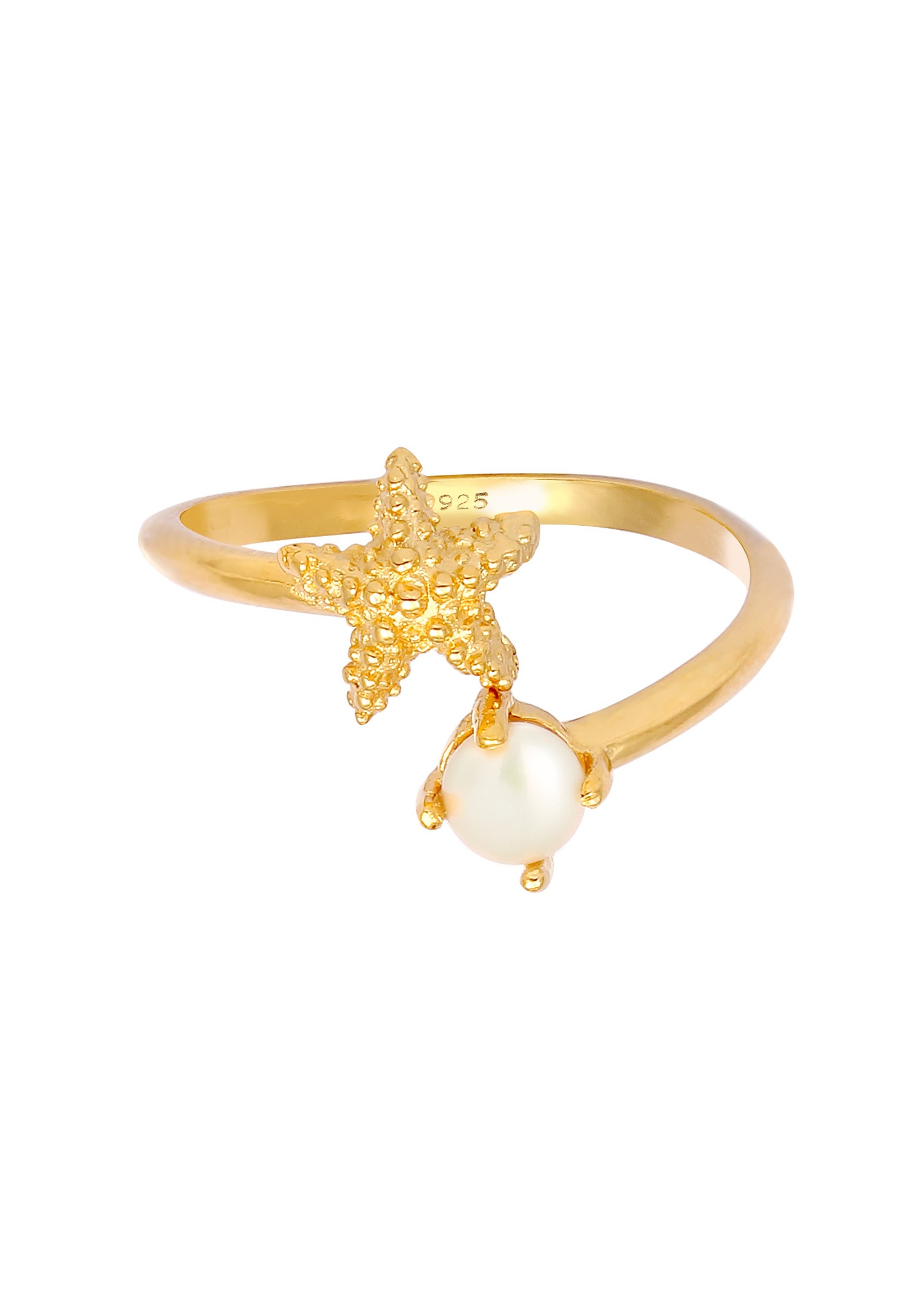 Elli Étoile de mer féminine ouverte ajustable avec perle de culture d'eau douce en 925/1000 argent massif et plaqué or