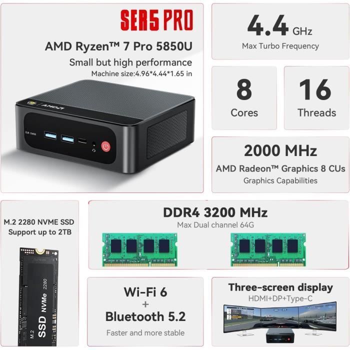 Mini-pc - Beelink - SER5 PRO - Ryzen 7 5850U - 32 GB RAM - 1 TB SSD - 4K drievoudig scherm