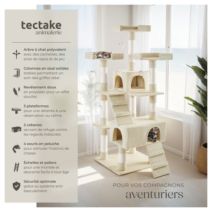 Cat tree - TECTAKE - BARNEY cat furniture 170 cm high with scratching post, hideaways and toys - Beige