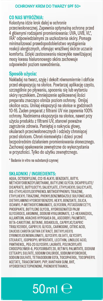 Kolastyna Sun SPF50+ - Wrażliwa Skóra Krem ochronny do twarzy SPF 50+ 50 ml