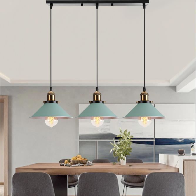 U-Do Suspension Luminaire Rétro 3 Douille Lustre en Métal Vert Lampe Longue Pôle Noir E27 40W décoration Salle à Manger Cuisine