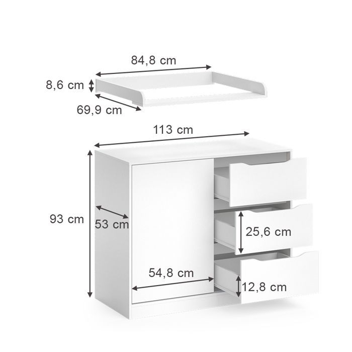 Commode à langer Ruben 113x93cm avec plan à langer Blanc Vicco 40575