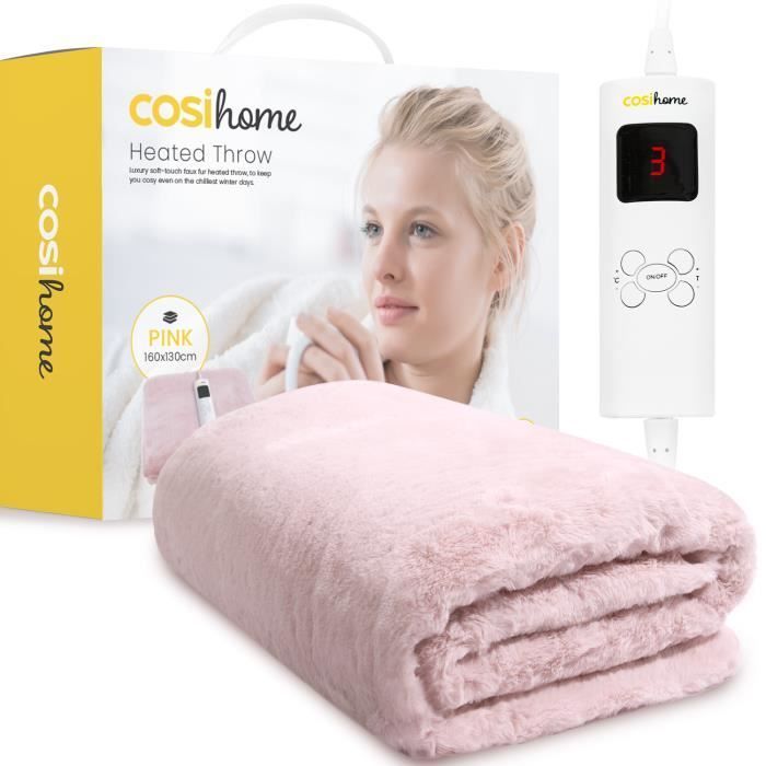 Cosi Home Couverture Chauffante Electrique Luxe en Fausse Fourrure 180 x 130 cm, 9 réglages de Chaleur, Minuterie 9h - Rose