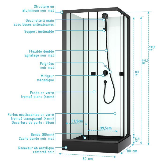 Mampara de ducha cuadrada completa de 80x80x200 cm - Puertas correderas - Plato de ducha negro mate