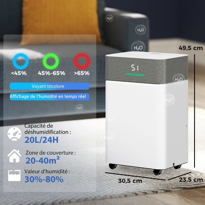 Deshumidificador de aire - HOMCOM - 20 L/día - silencioso - depósito de agua de 4,5 L, pantalla LED - ABS - 30,5 x 23,5 x 49,5 cm - blanco