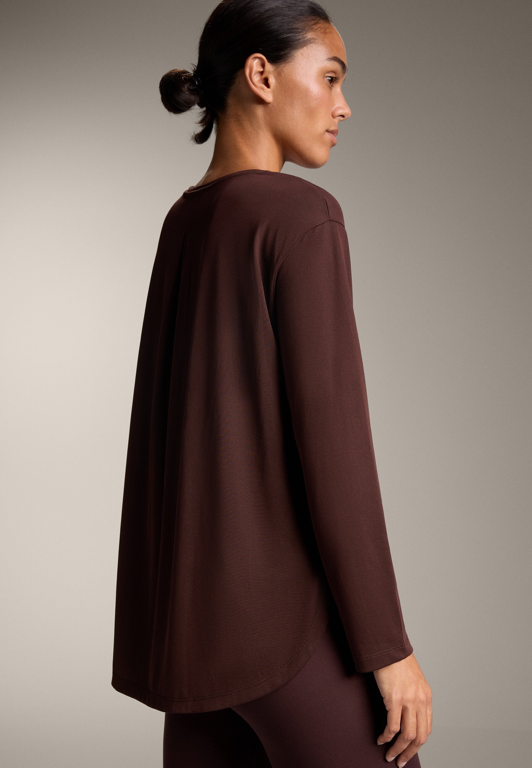 OYSHO SOFT TOUCH LONG SLEEVE WITH BLACK PLEAT - Top s dlouhým rukávem - hnědá