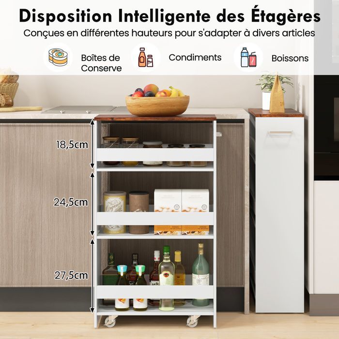 Carrito de cocina COSTWAY de 20 cm con ruedas, unidad de almacenamiento estrecha de 4 niveles, estantes abiertos, asa, para cuarto de lavado, blanco y marrón.