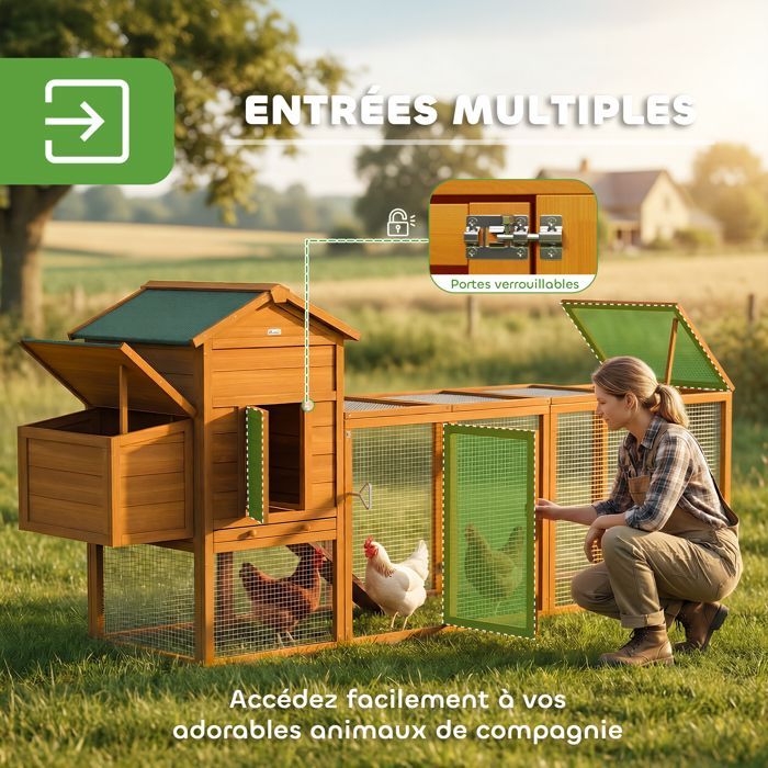 Pollaio - PawHut - con nido, conigliera separata, porte multiple, vassoio rimovibile - per 3-6 galline - legno massello - arancione