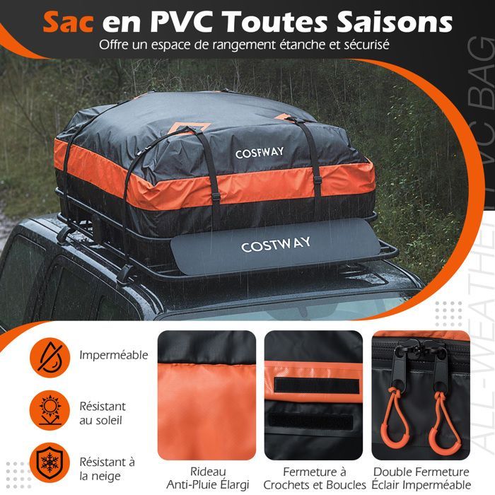 Cofre/bolsa de techo impermeable para coche COSTWAY de 425 L, 2 correas de trinquete, 4 ganchos para puerta, bolsa de almacenamiento y cerradura, 90 kg