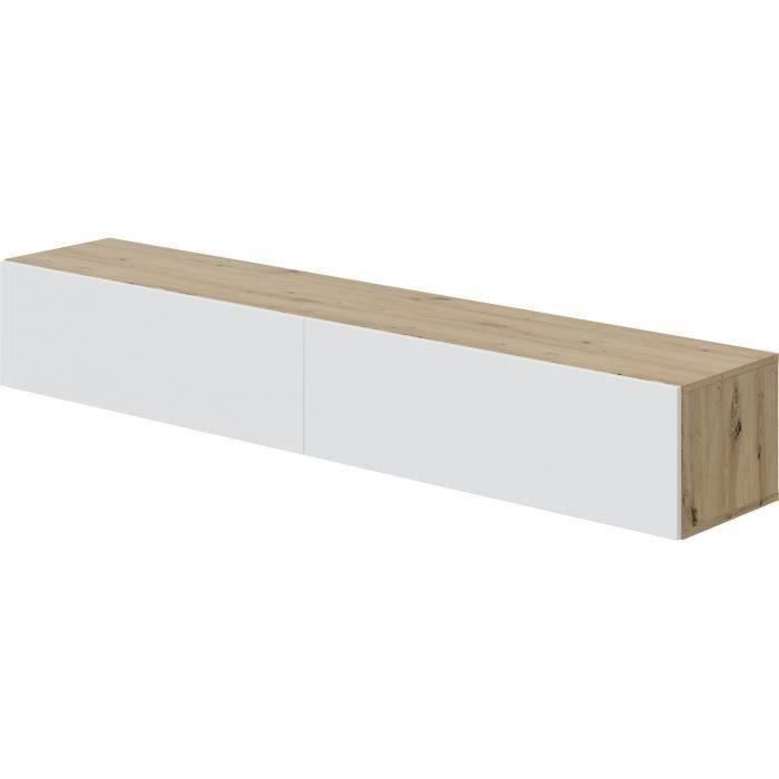 Wandmontiertes TV-Möbel – B 180 x T 28 x H 35 cm KAWAY – Weiß-Eiche-Finish – 2 Klapptüren