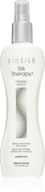 Biosilk Silk Therapy Thermal Shield, tepelne ochranný sprej bez parabénov na použitie pri používaní žehličiek na vlasy a kuličiek.