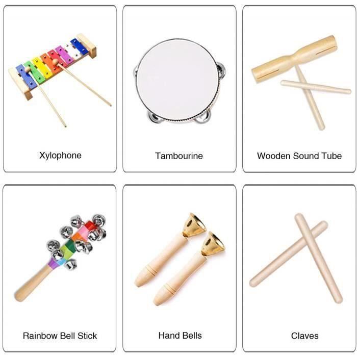 Set di strumenti musicali per bambini CHANGM, composto da 25 pezzi di strumenti a percussione in legno per neonati, tra cui xilofono e tamburello.