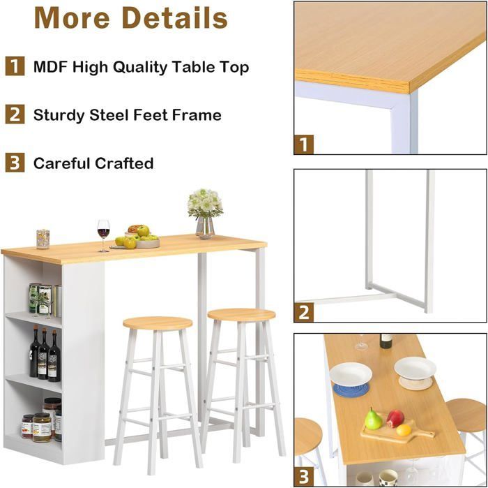 SogesHome Table à manger avec 2 chaise、 3 compartiments de rangement pour couloir,  salon, console 91 x 49,5 x 91 cm,Blanc