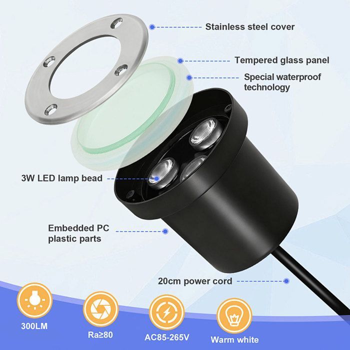 x 3W In-Ground Lights, LED Bulb Included, Outdoor Lights, Integrated Floodlights, IP65, LED Ground Lights
