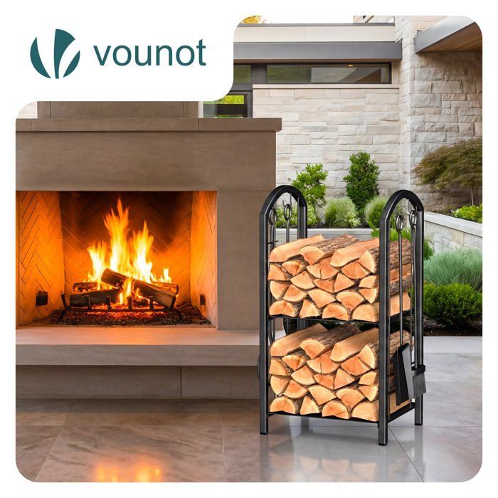 Soporte metálico para leña VOUNOT® para chimenea - Estante para almacenar leña con 4 herramientas incluidas - Negro