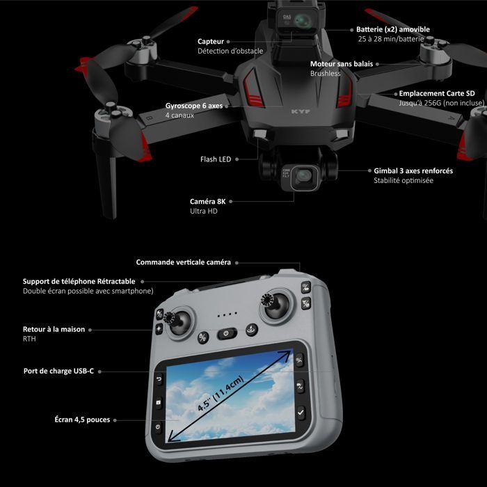Drone con telecamera stabilizzata a 3 assi, sensore HD 8K a 360° e telecomando con schermo da 4,5
