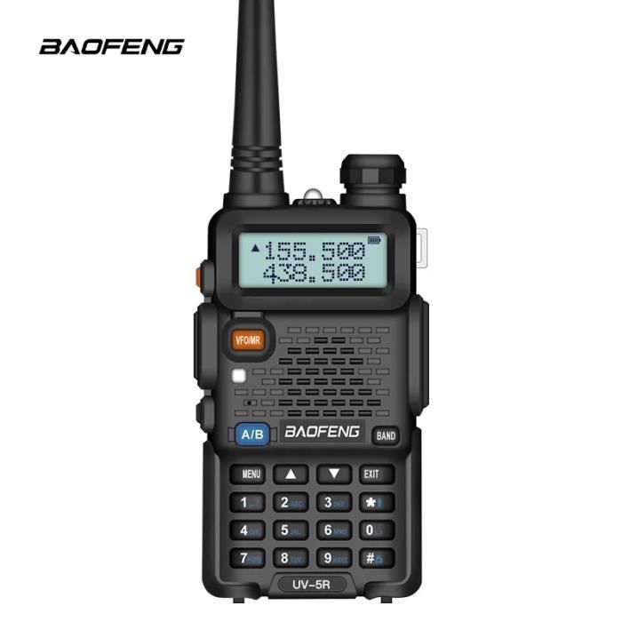 Radio walkie-talkie Baofeng UV-5R FM VHF/UHF con doble banda, pantalla, modo de espera y reloj incorporado (auriculares incluidos, color negro).