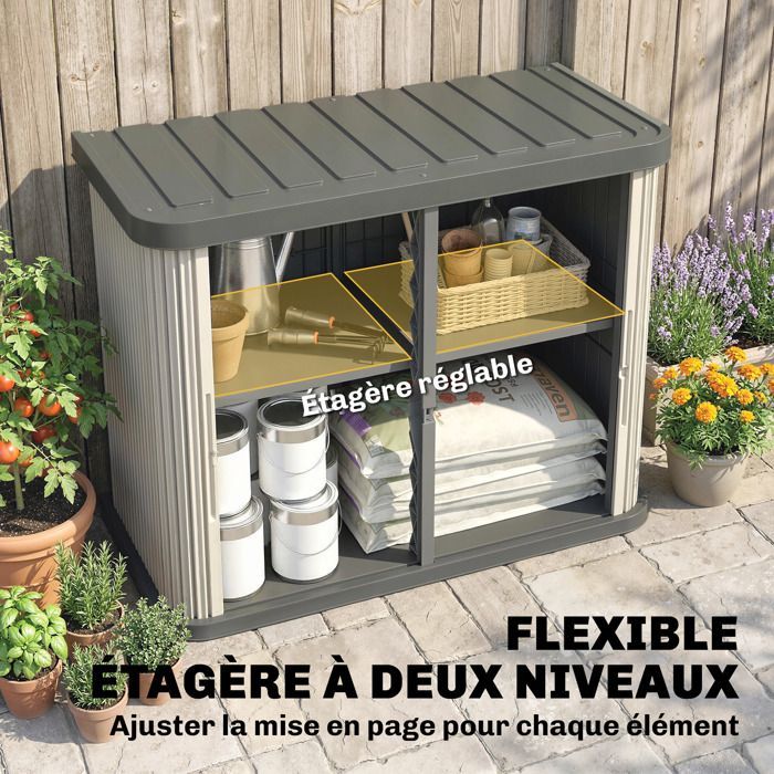 Coffre de rangement extérieur - Outsunny - 2 niveaux avec portes coulissantes résistant aux uv - pp - 480l - marron clair