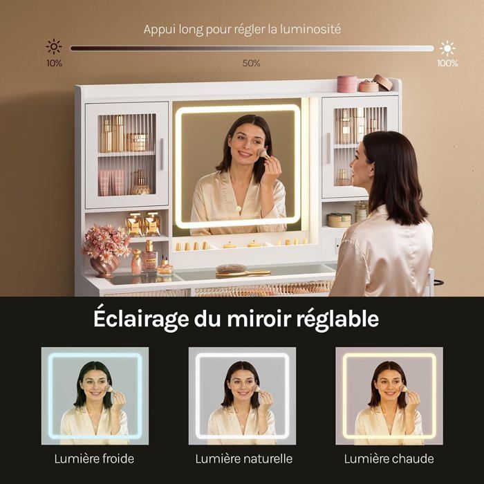 WOLTU 9-Drawer Dressing Table - Adjustable LED Mirror and RGB Lighting - Glass Top - Power Outlet - White