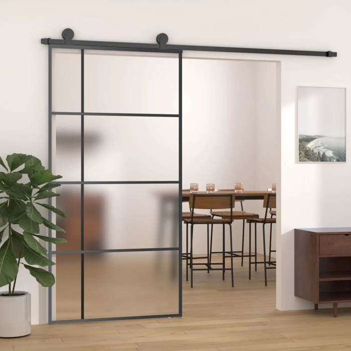 (Black) Front Door - Magnificent Sliding Door Frosted ESG Glass Aluminum 102.5x205 cm Black 26971