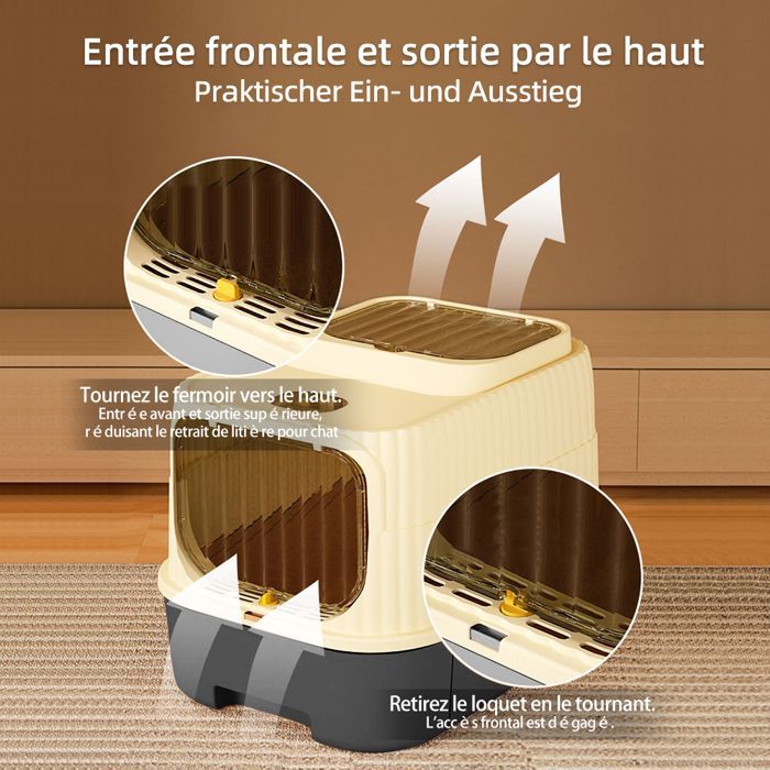 Bac à Litière Fermé pour Grand Chat, Maison de Toilette, Plateau Amovible, Pelle, Brosse, Capacité 18 kg, Anti-fuites, Gris