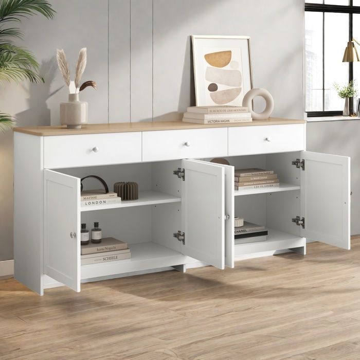 Dressoir - 4 deuren en 3 lades - Wit en hout - 160x37x75 cm - Moderne rustieke stijl
