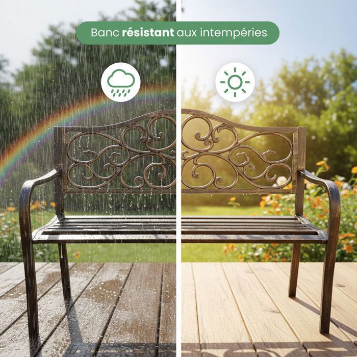 Banc de Jardin en Brun IRGA avec Pieds en Acier et dossier en fonte, Largeur 127 cm