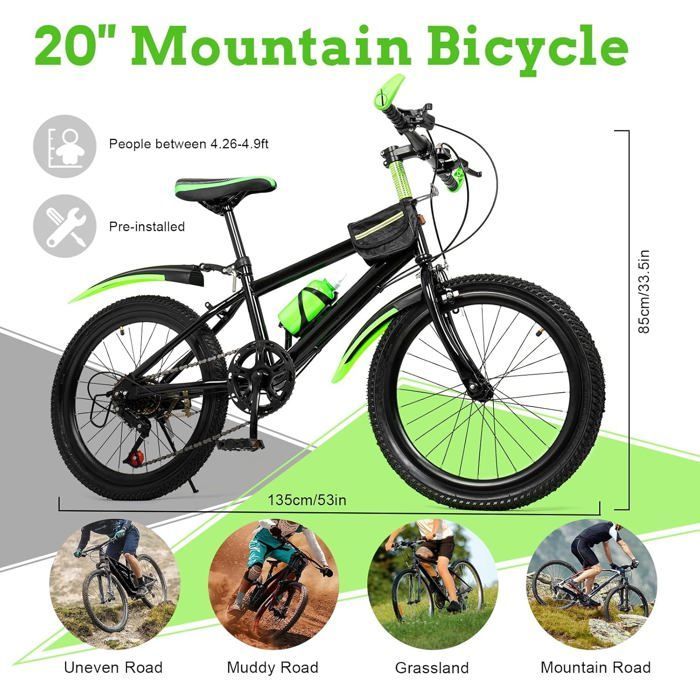 Bicicleta de montaña de 20 pulgadas para niños, bicicleta de montaña ajustable con guardabarros, portabotellas, capacidad de carga de 85 kg, para niños y niñas.