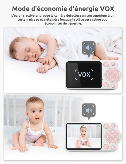 FOSMET BabyPhone Camera, Zoom 4X/2.4GHz Communication Bidirectionnelle/Berceuse/Vision Nocturne/VOX/Capteur de Température, Rose