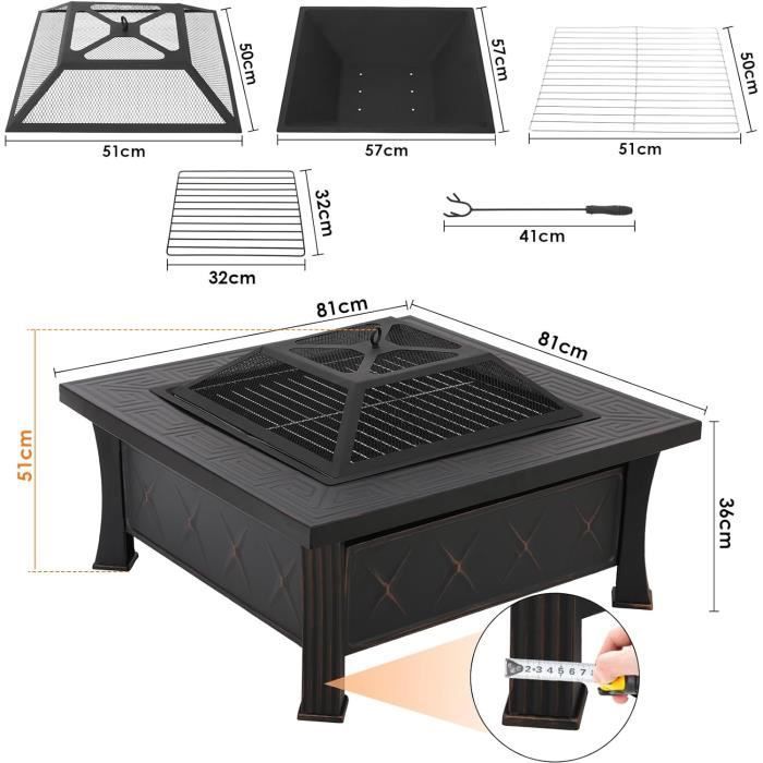 ZYQ Brasero Exterieur Foyer Barbecue Brasero 3 en 1 Carré pour Le Jardin, Le Barbecue, Le Camping 81 x 81 x 51 cm