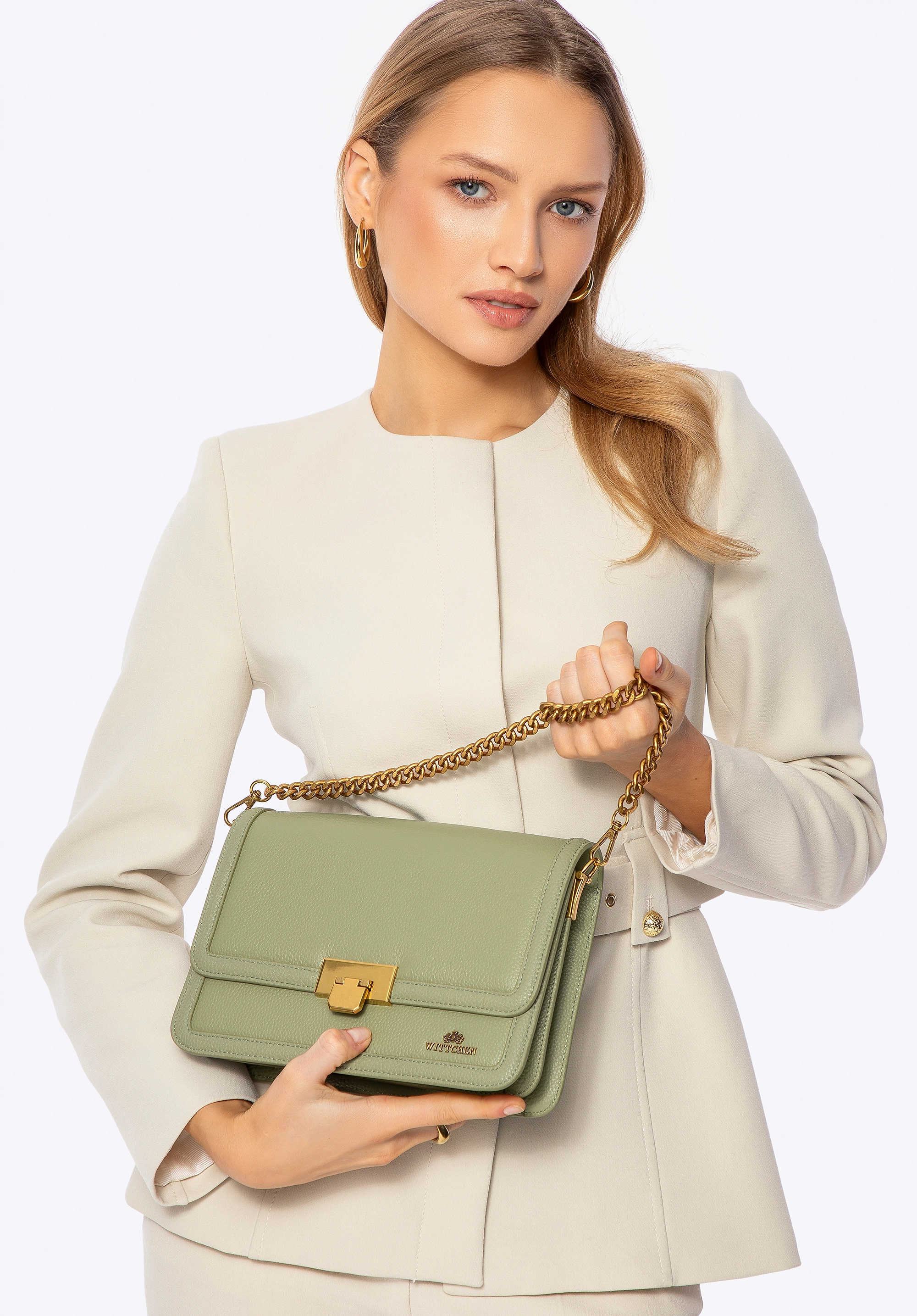 Skórzana torebka crossbody z łańcuszkiem pistacjowa