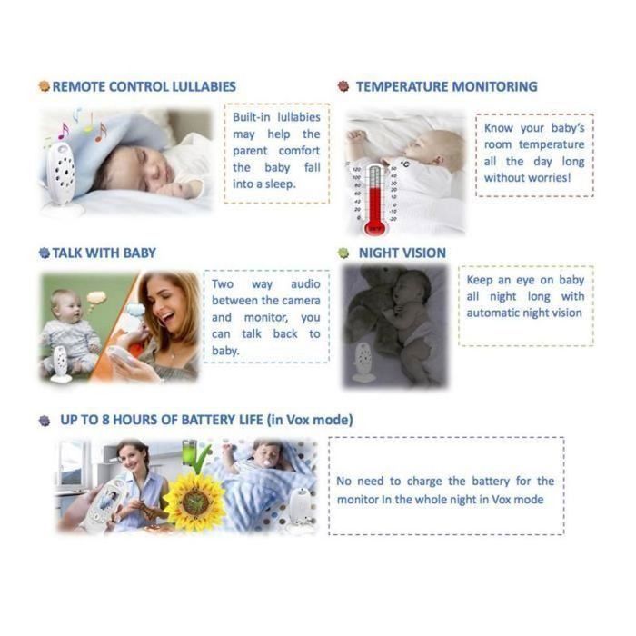 BABYALARM - BABYALARM Trådløs videobabyalarm multifunktionel - Mærke - Model - Farve-LCD - Nattesyn - 8 vuggeviser