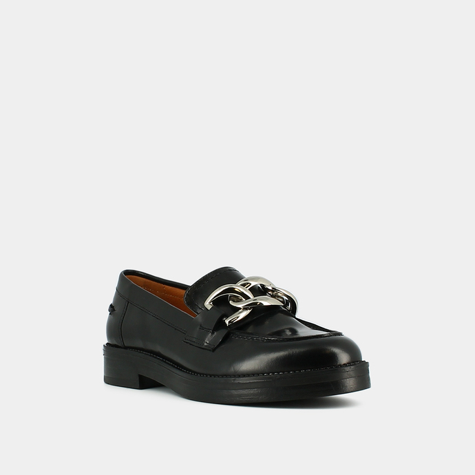 Mocassins à boucles argentées  en cuir glacé noir