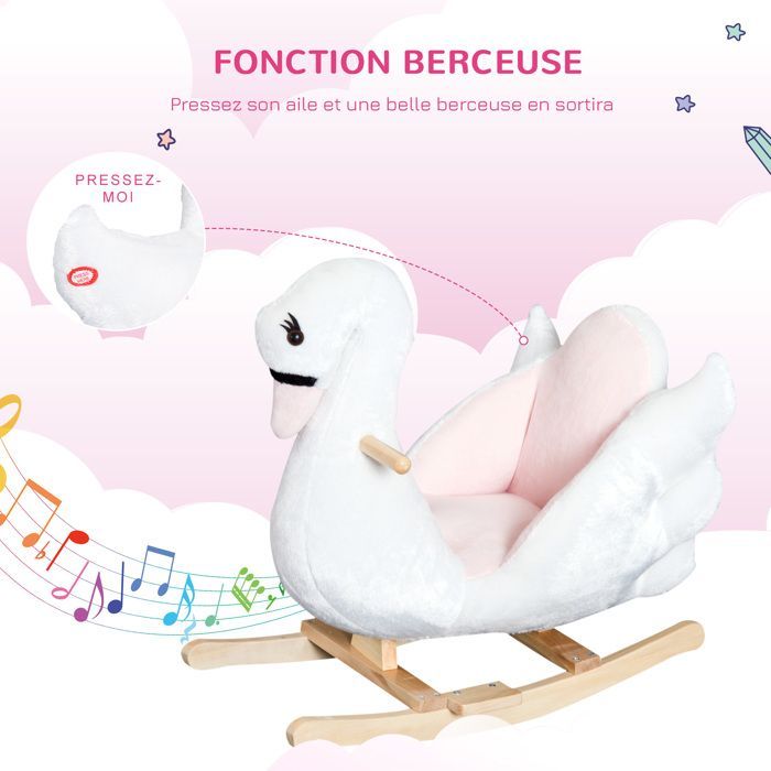 Jouet à bascule cygne à bascule pour enfant de 18 mois et plus fonction musique pieds en bois - blanc et rose