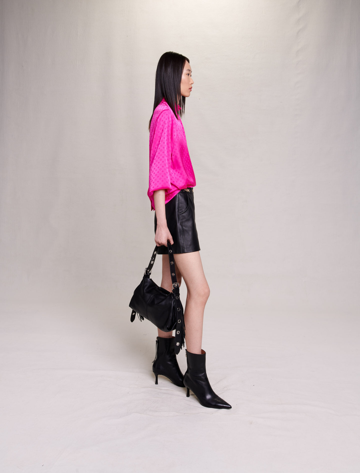Jacquard satijnen blouse in fuchsia