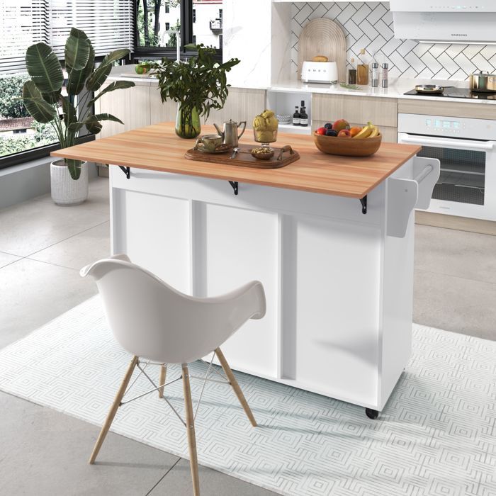 Isla de cocina con ruedas, encimera de madera plegable, tres puertas y dos cajones, carrito de servicio/buffet, color blanco.