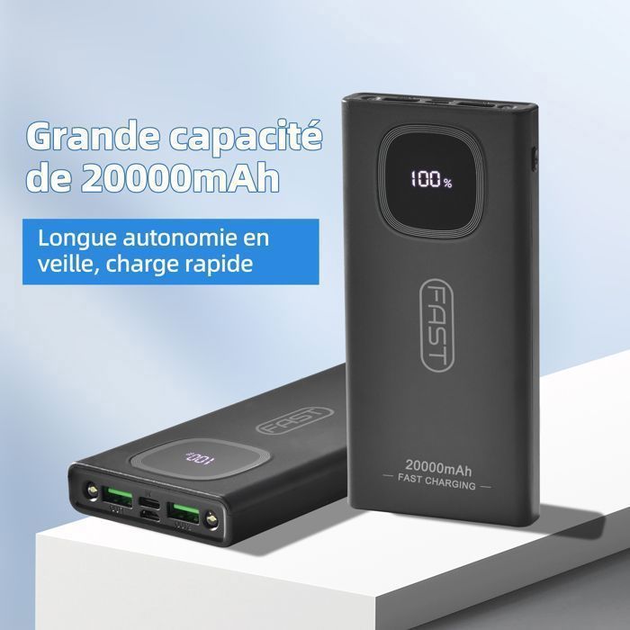 Batterie Externe, 22.5W 20000mAh Power Bank, Batterie Portable USB C Input & Output PD3.0 QC4.0 Charge Rapide Powerbank noir