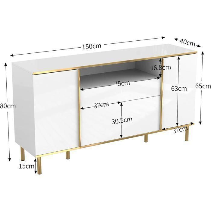 Lemonbest Buffet Salon 150cm Blanc Haute Brillance avec Lumière LED Compartiment Ouvert 4 Portes et 1 Tiroirs Commode 150x40x80cm