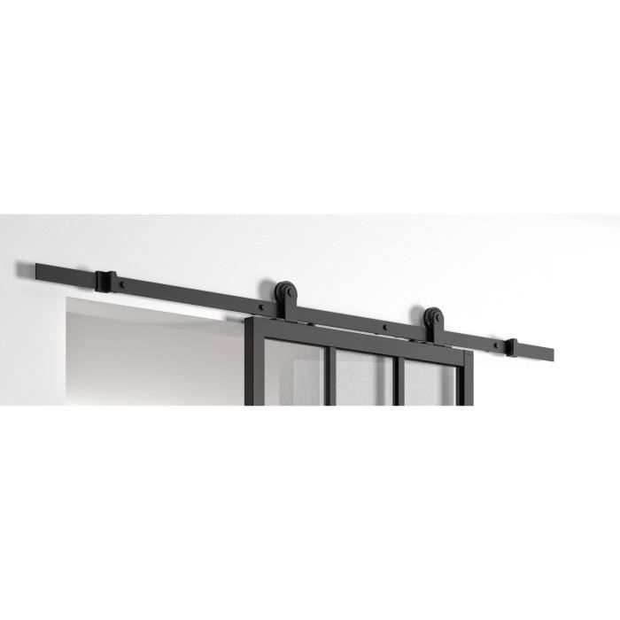Kit de puerta corredera OPTIMUM ATELIER, negro + riel visto - 204 x 83 cm - cristal transparente
