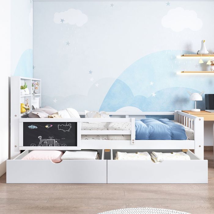 Letto combinato per bambini 90x200 cm, struttura sicura con pratico contenitore e design giocoso.