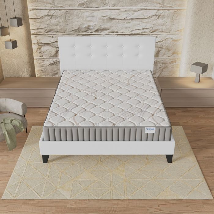 Colchón y cama (140x200cm) - Sirius 16cm Látex natural y espuma de alta densidad + Base de láminas estable y cabecero tapizado en blanco
