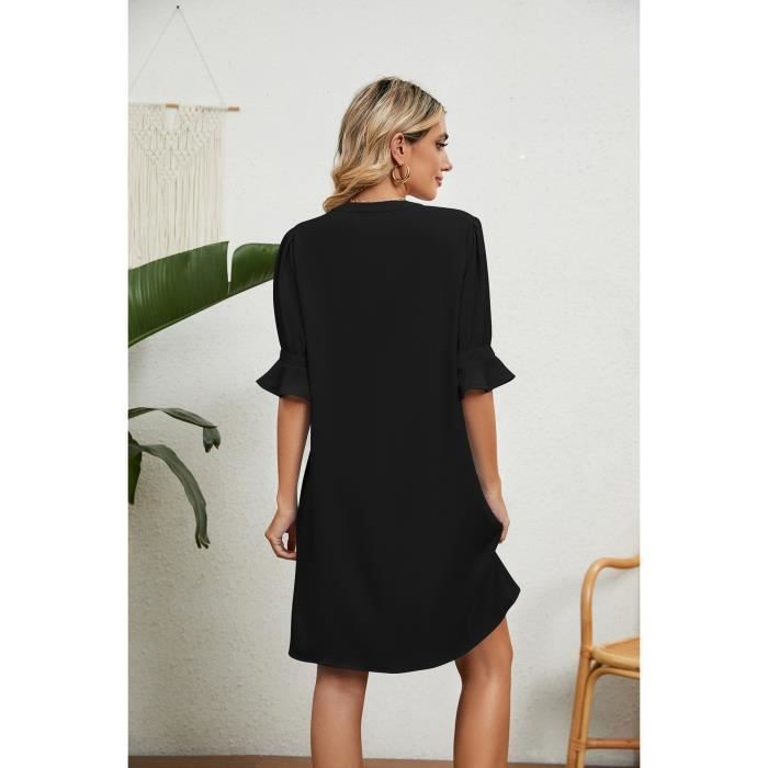 Robe Femme Col V Manches courtes Casual Couleur unie - Noir