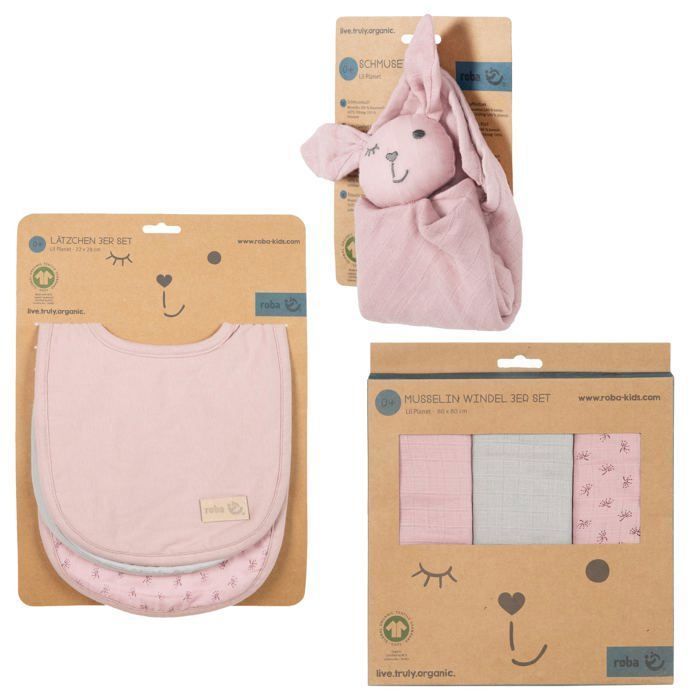 ROBA Coffret Bébé Lil Planet - 7 PCS - 3 Bavoirs + 1 Doudou + 3 Langes - Cadeau de Naissance - Rose / Gris
