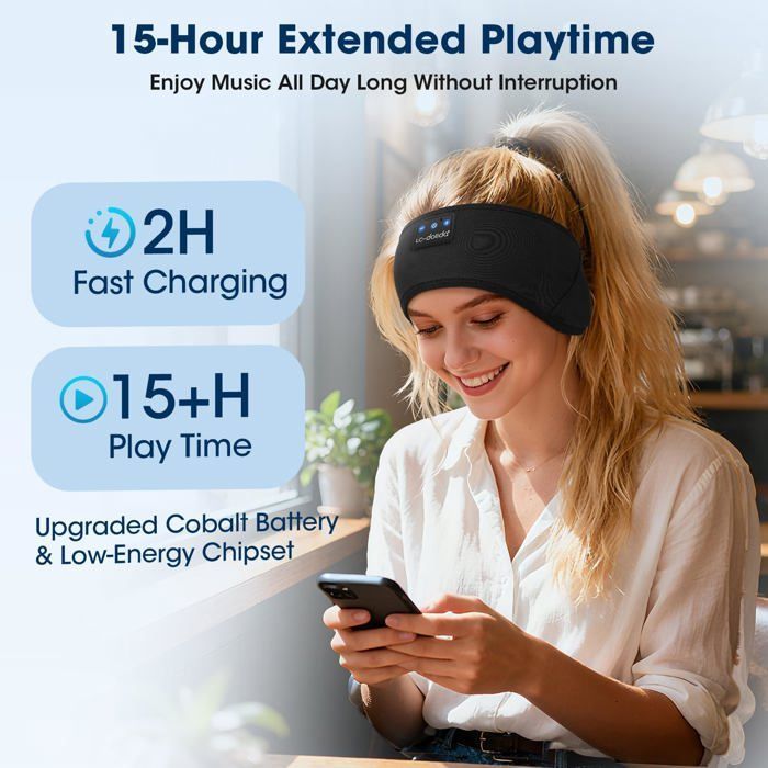 Bandeau Bluetooth pour dormir - SVATV - Sleeping headband - Charbon Noir - Suppression active du bruit