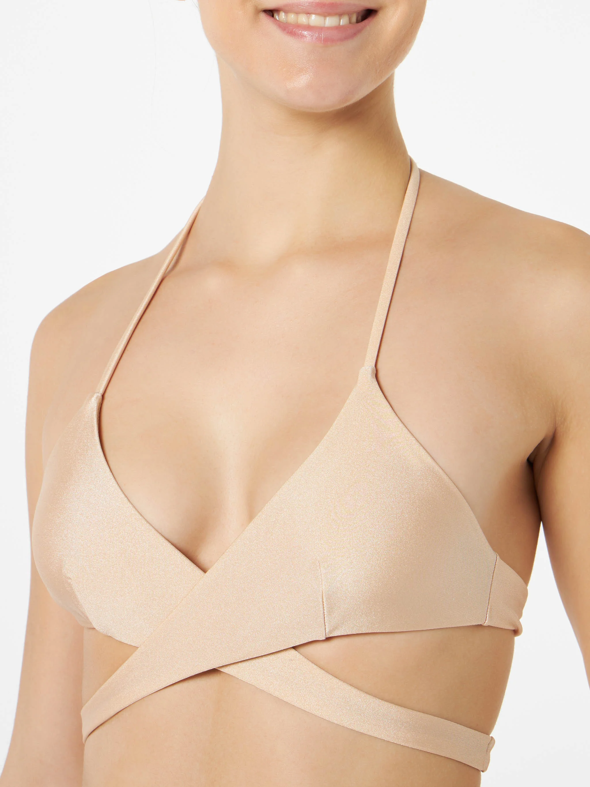 Glanzende beige wikkeltop met driehoekige cups voor dames