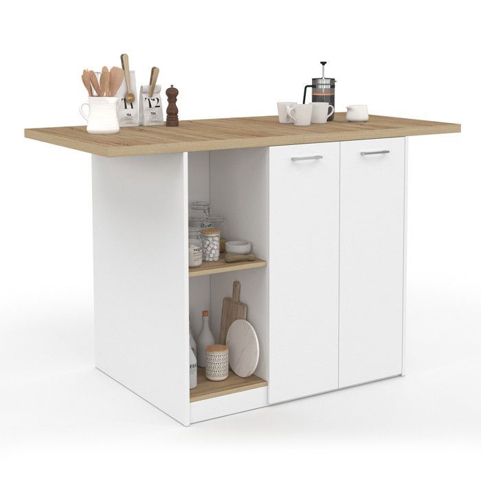 Isla central IDMARKET BAO de 140 cm para 4 personas, madera blanca con encimera efecto haya.