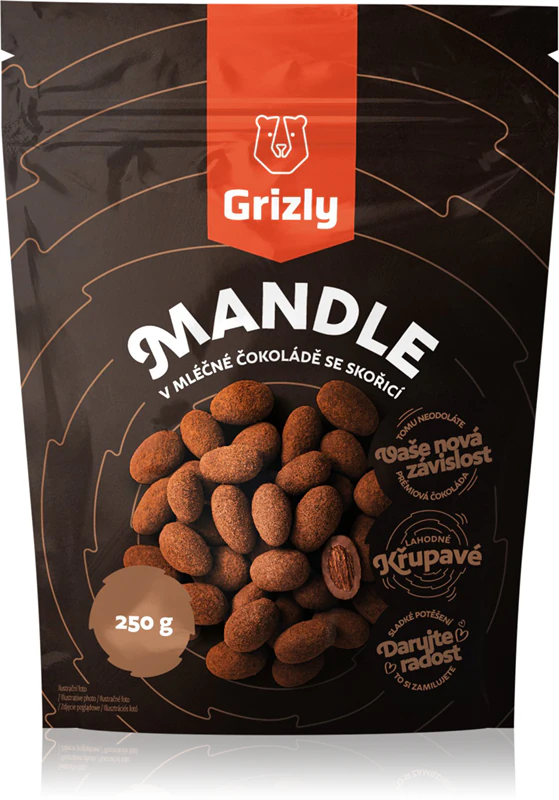 Grizly amandelen in melkchocolade en met kaneel omhulde noten.
