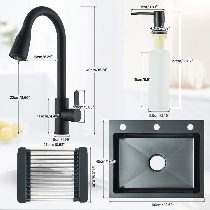 Fregadero de cocina de acero inoxidable negro mate de 60x45 cm. Kit completo con grifo extraíble, lavavasos integrado y dispensador de jabón.