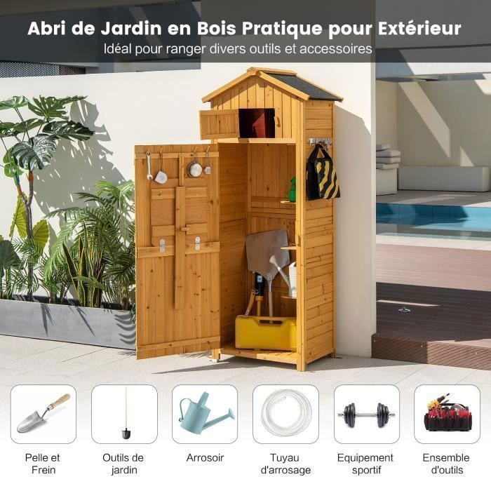 Abri de Jardin en Bois de Sapin 180,5 cm COSTWAY-3 Etagères Amovibles-Table Pliable-Toit en Asphalte Imperméable-8 Crochets-Naturel